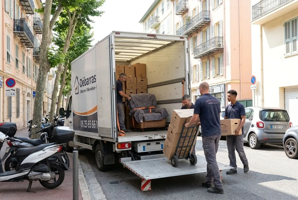 L'équipe de Débarras Nice charge son camion dans une rue de Nice