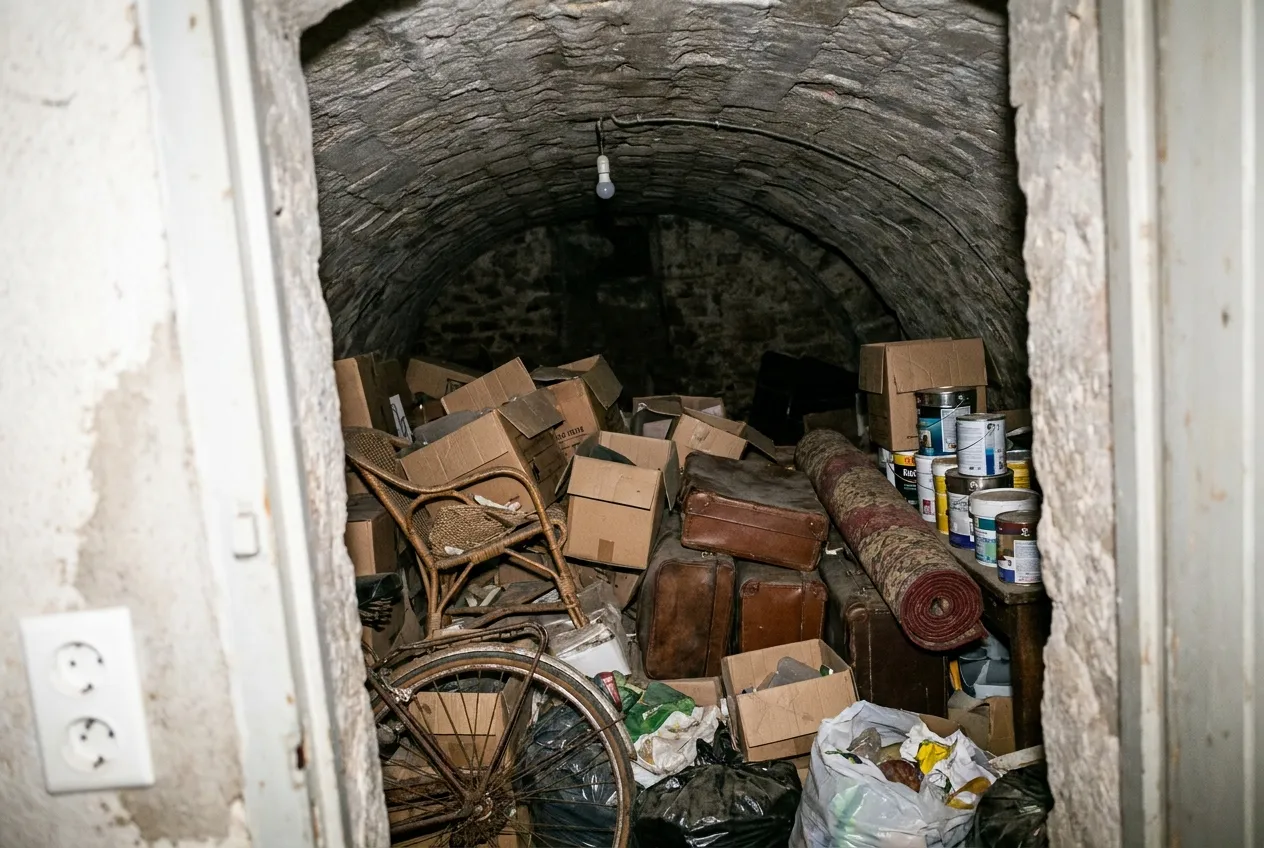 Cave voûtée d'immeuble ancien, quartier Libération, avant le débarras